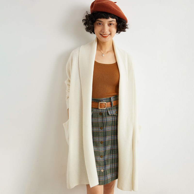 Lazy style mid length cardigan with pocket 100 cashmere