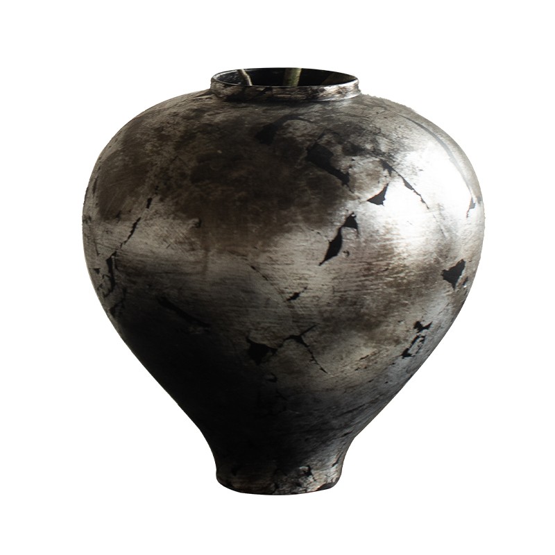 Black silver foil cracked flower vase handmade craft pottery pot