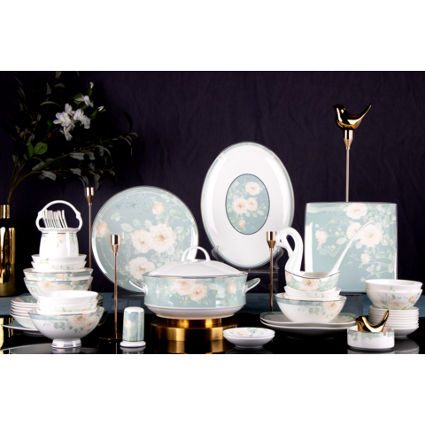 52pcs bone china dinner set green flower color 