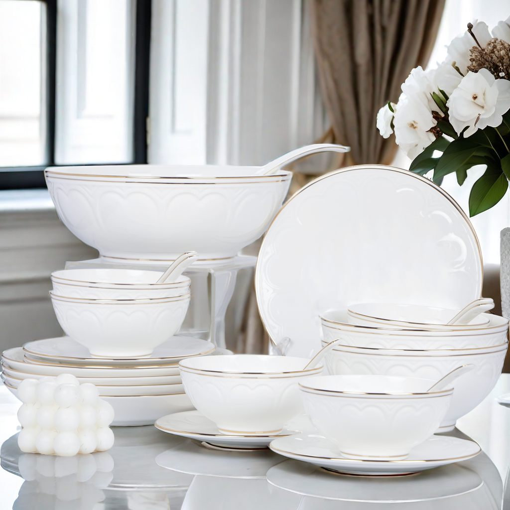 bone china dinner set embossed white with gold rim 