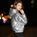 Silver hat, long sleeved bread, white eiderdown, down jacket.