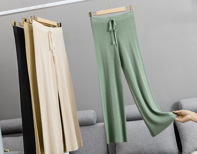 Ice silk knit pants wide leg pants elastic high waist pants