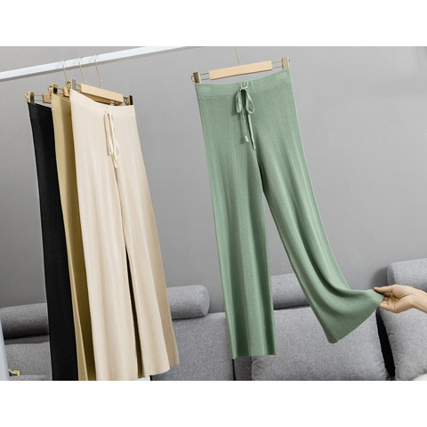 Ice silk knit pants wide leg pants elastic high waist pants