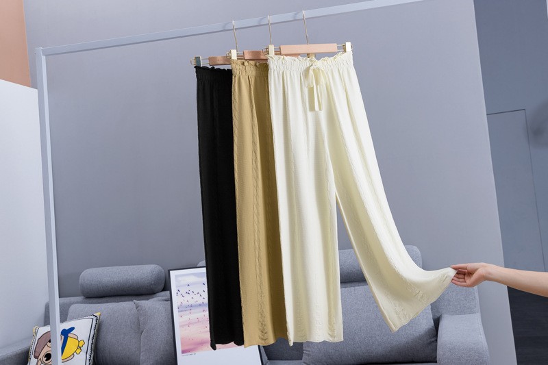 Ice silk knit high waist tie wide leg pants female autumn wood ear