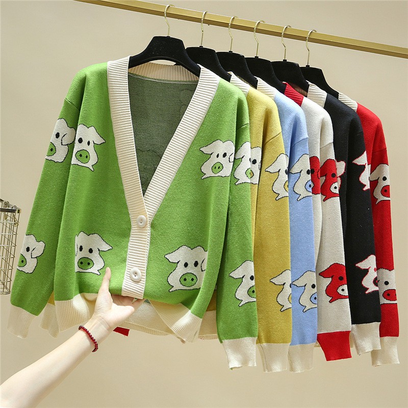 Autumn cartoon pig knit sweater long sleeve cardigan women